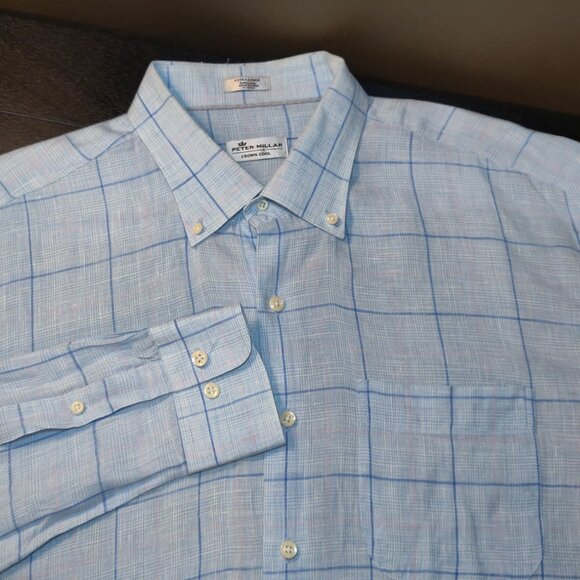 Peter Millar Crown Cool 100% Linen Light Blue Plaid Long Sleeve Button D… - Picture 5 of 7